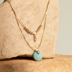 Colar Veneziana Duplo Com Pedra Natural e Pedra Navete