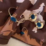 Conjunto De Bracelete, Anel e Brinco com Pedra Resinada Azul