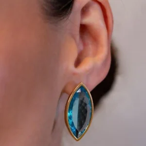 Brinco Ouro Pedra Cristal Azul Turquesa