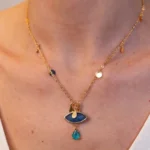 Colar Ouro Medalhas Com Pedra Natural Azul