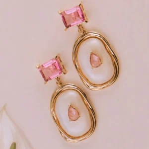 Brinco Ouro Com Pedra Cristal Rosa e Pedra Resina